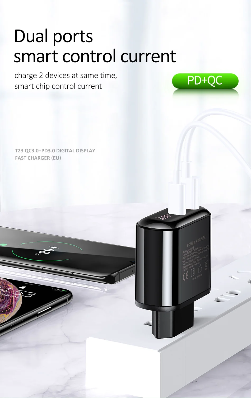 USAMS Quick Charge 3,0 USB зарядное устройство светодиодный дисплей 18 Вт QC3.0 PD 3,0 быстрое зарядное устройство для iPhone iPad Pro двойные порты, для мобильных телефонов зарядное устройство