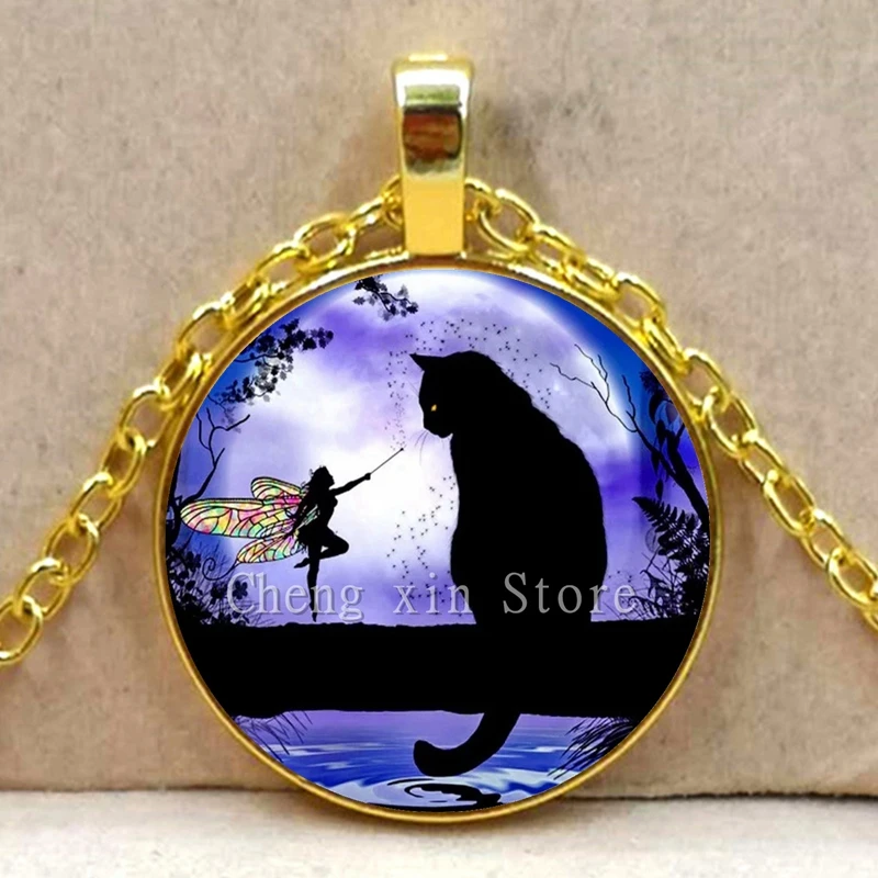 Фея и черная кошка фото искусстве стекло кабошон ожерелье с подвеской лунного
