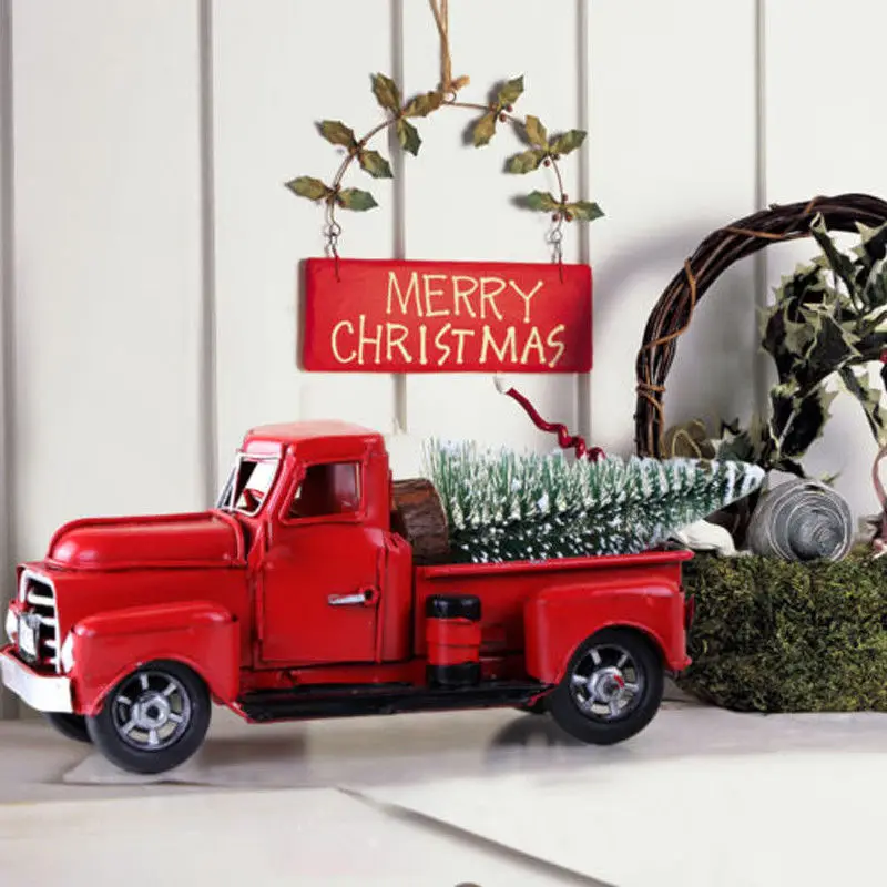 

Vintage Red Metal Truck Christmas Ornament Kids Xmas Gifts Toy Table Top Decorations Child Toys