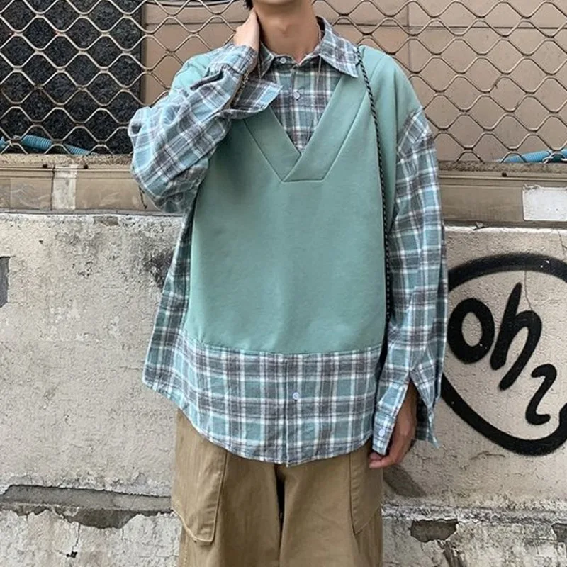 

Plaid Hoodie Men's Fashion Retro Casual Fake Two-piece Lapel Sweatshirt Men Streetwear Loose Hip-hop Pullover Hoodies Mens