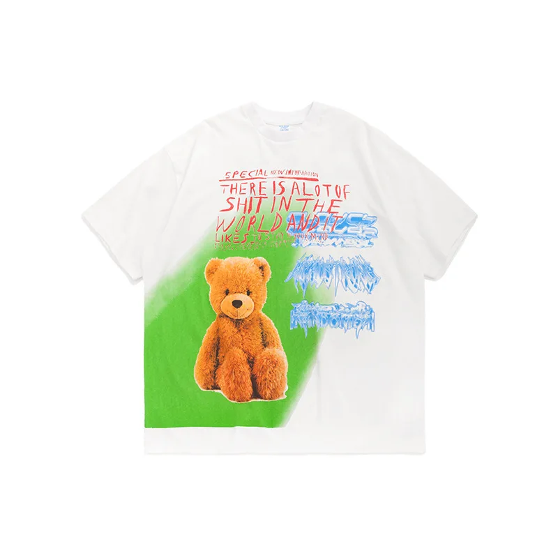 

Doodle Smile Face and Plush Teddy Bear Printing Drop Shoulder Sleeve T-Shirt High Street Hip-Hop Cotton Unisex T Shirt NO75