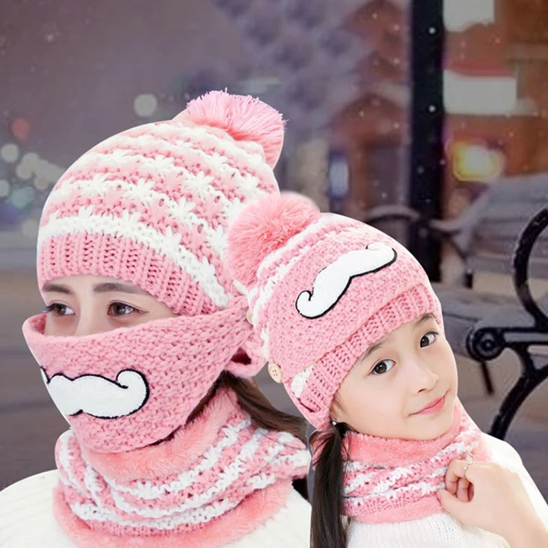 

3PCS/Set Winter Scarf Set Thickend Knitted Hat Scarf Face Cover Outdoor for Women/Kids XRQ88