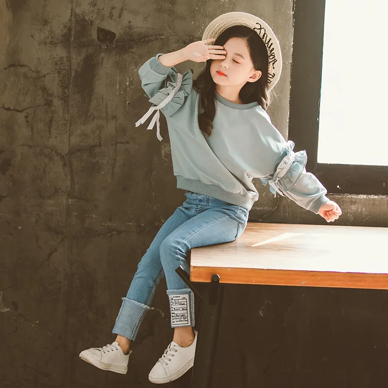 Модный комплект для девочек весенне-осенний детской одежды однотонный свитшот +