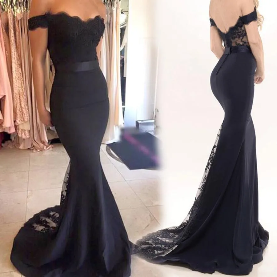 

Mermaid Off-the-Shoulder Sweep Train Black Stretch Satin Bridesmaid Dresses with Appliques Lace with Belt Wedding Party Dresses