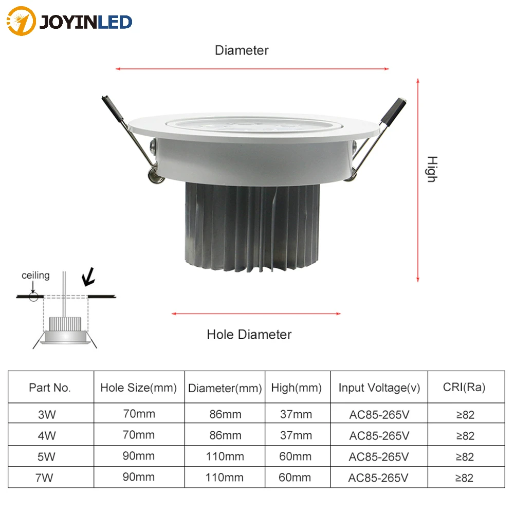 

Dimmable AC85V-265V 7W/5W/4W/3W LED Downlight Warm White/White Spot Light Cree Ceiling Recessed Home Lighting Fixture