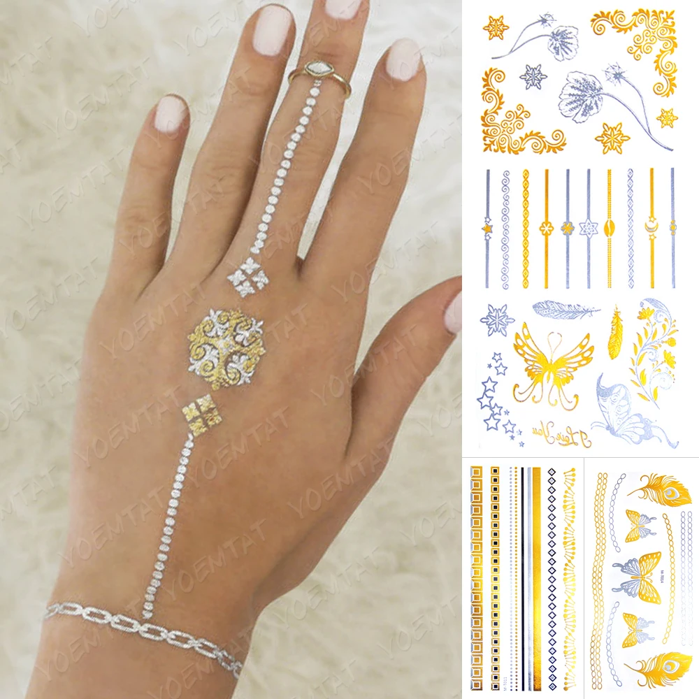 

Waterproof Temporary Tattoo Sticker Metallic Gold Silver Mandala Butterfly Flash Tattoos Women Henna Body Art Fake Jewelry Tatto