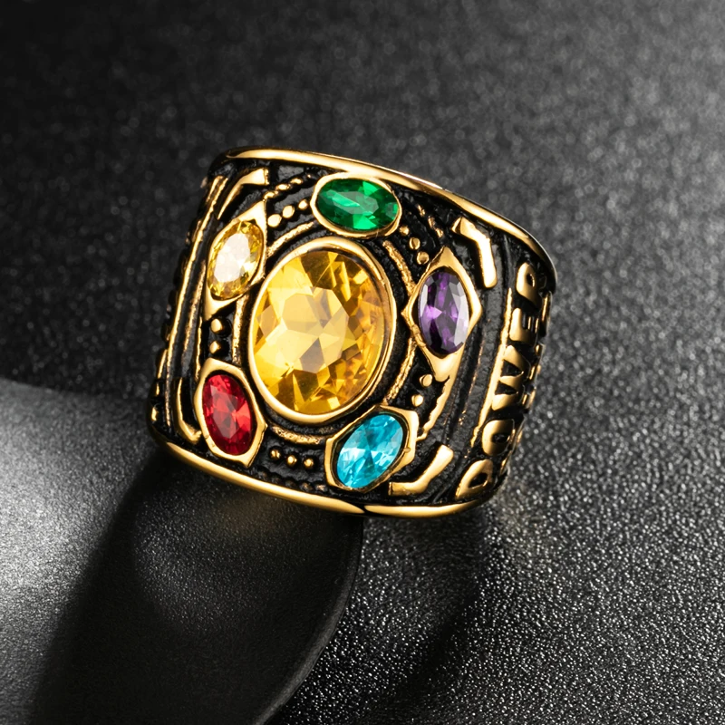 Gold Valily Marvel, Мстители, танос, кольца, золото, бесконечная сила, рукавица, Кристальное кольцо для мужчин, нержавеющая сталь, бесконечность, война, мужской брелок - Цвет основного камня: Gold
