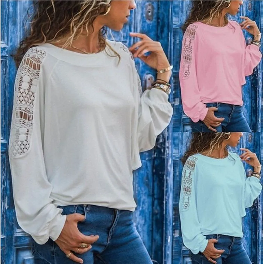 

Autumn T Shirt Women Fashion Causal Long Sleeve O-Neck Lace Solid color Top Women Top Loose T-Shirt Casual Ladies streetwear