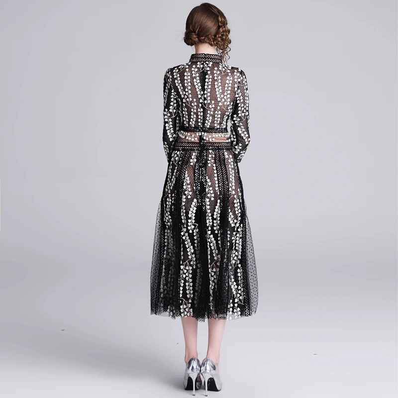 

New Elegant Vintage Sexy Women Embroidery Mesh Slim Tunic Maxi Dress Office Lady Long Sleeve Dresses Party Clothing