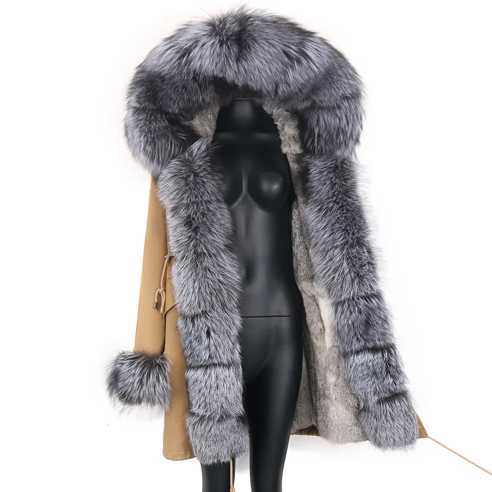 

Женское пальто с воротником из искусственного лисьего меха, теплое меховое пальто, съемная Женская длинная парка, женское модное зимнее пал...