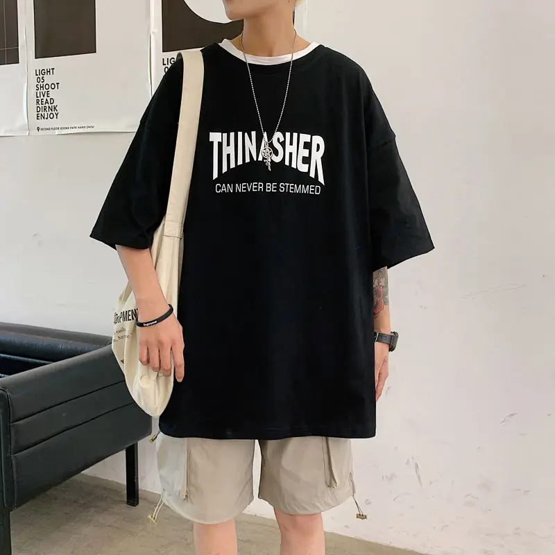 

T-shirt For Men Cotton Short Sleeve O-neck Tops Casual Tide Printed Letters Loose Sports T-shirts Summer Male Clothes Breathable