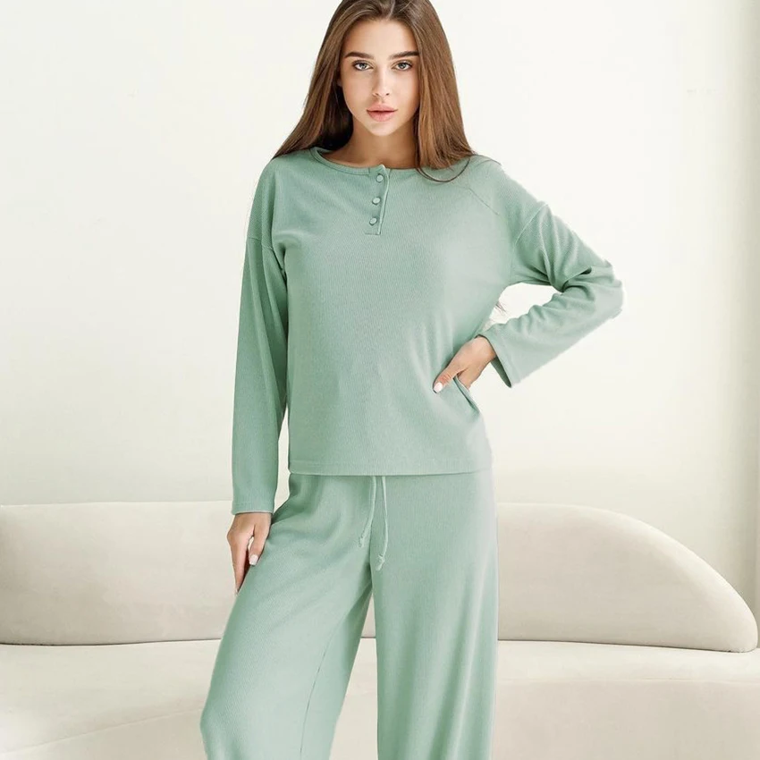 

Restve Ribbed Pajamas For Women 2 Piece Set Loose O Neck Long Sleeve Top Buttons Female Casual Home Suit Sets With Pants Autumn