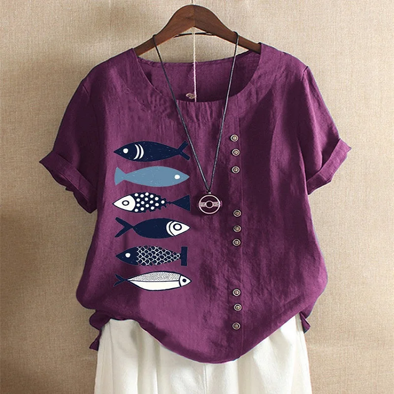 Блузка женская летняя из хлопка и льна с круглым вырезом коротким рукавом |