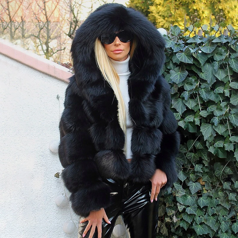 Модная роскошная черная шуба из натурального Лисьего меха с капюшоном для женщин