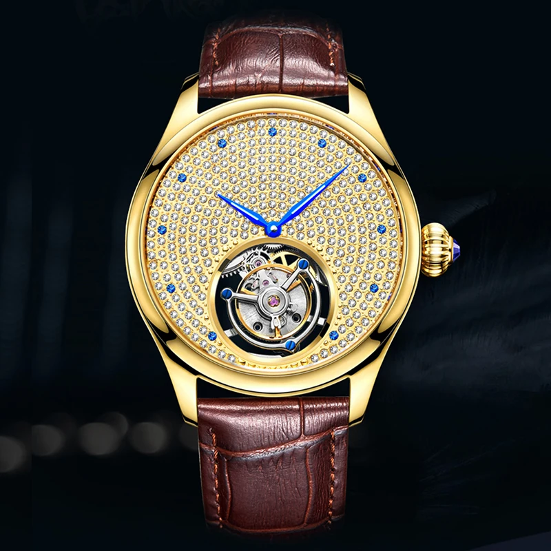 للبيع ساعات رجالي 2020 فاخرة توربيون ساعة الياقوت مقاوم للماء بلورات بدون أرقام الطلب حلقة من جلد الذهب التخصيص