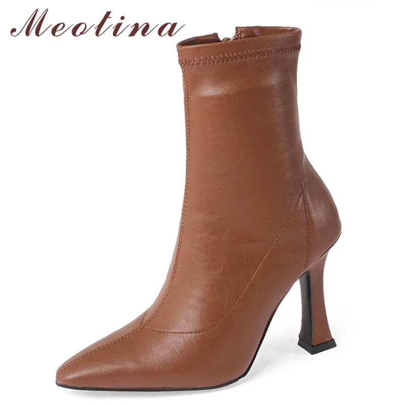 

Meotina Ankle Boots Women Shoes Pointed Toe Thin Heels Female Boots Zip Extreme High Heel Stretch Boots Autumn Winter Black 43