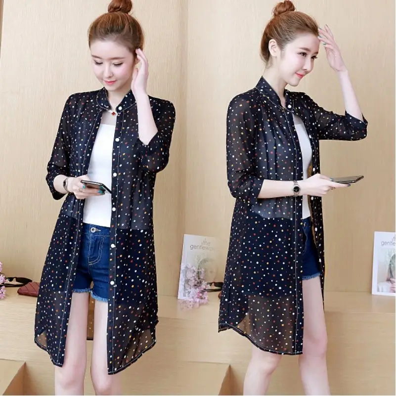 

2021 Women Summer Sun Protection Blouses Female Thin Floral Print Chiffon Midi Kimono Cardigans Casual Loose Beach Shirts L492