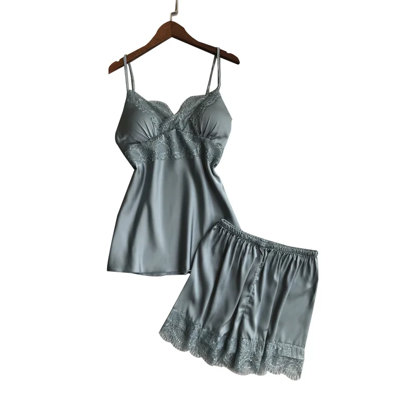 Сезон весна лето женские атласные пижамы комплекты с шортами Пижама без рукавов