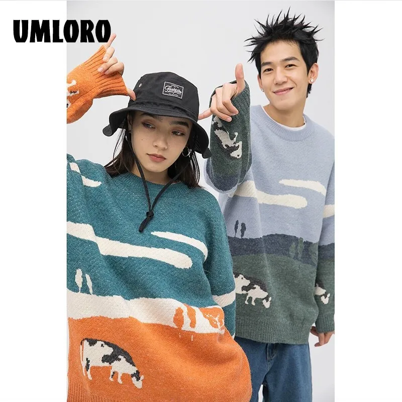 

Мужские Винтажные зимние свитера Umloro для коров 2021, пуловер для мужчин, корейский модный свитер с круглым вырезом, женская повседневная одеж...