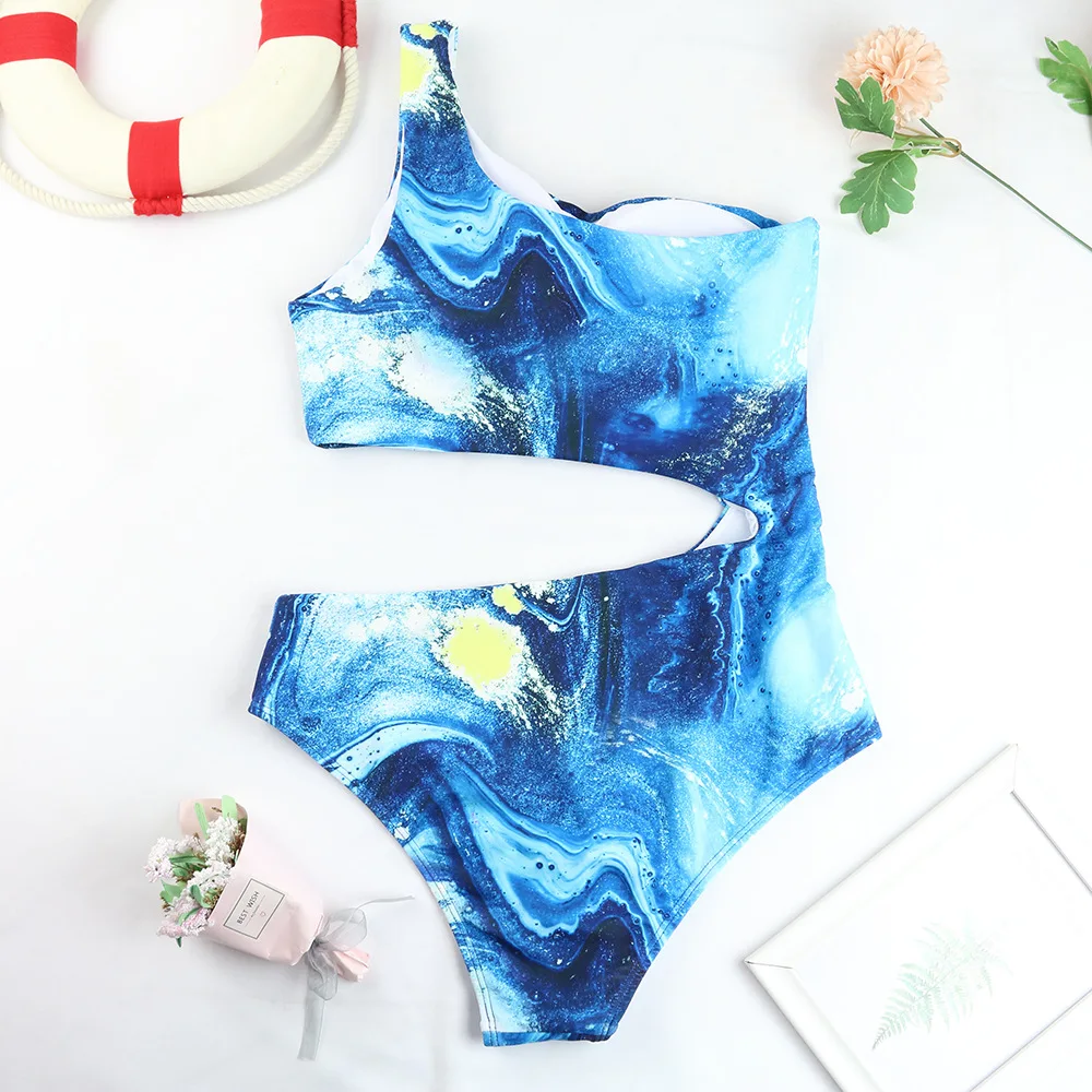 

New Arrival Printed Women One Piece Swimsuit Single Shoulder Sexy Monokini Women Swimwear Beach Bathing Suit 2021