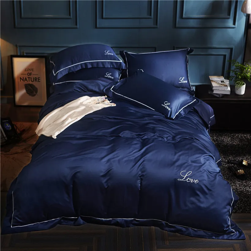 Luxury Hotel 4pcs Imitate Satin Navy Blue Queen King Size Bedding Sets Flat/Fitted Bed Sheet Duvet Cover Pillowcase Set | Дом и сад