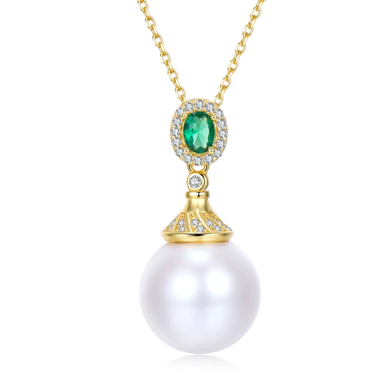 

OGULEE 925 Sterling Silver Women's Neck Chain Pearl & Green Gem Necklace Gold-plated Chain Party Wedding High-end Jewelry Gift