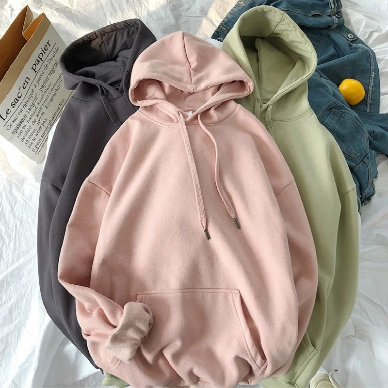 Women Autumn Solid Color Hoodies Couple Long Sleeve Hooded Sweatshirt Men Spring Casual Plus Size Fashion Loose Pullover Tops yupinciaga women s harajuku hoodies sweatshirts 2020 autumn hooded sweatshirt loose thick plus velvet couple solid color hoodie