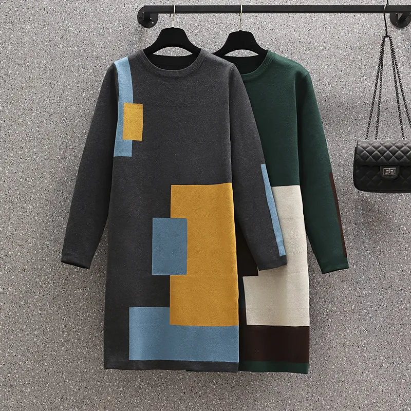

M-4XL women large size Patchwork kintting thick sweater dresses 2021 long sleeve o neck elegant vintage casual short dress