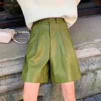 s 4xl fashion pu leather shorts womens autumn winter bermuda elastic waist loose five points leather trouser green shorts