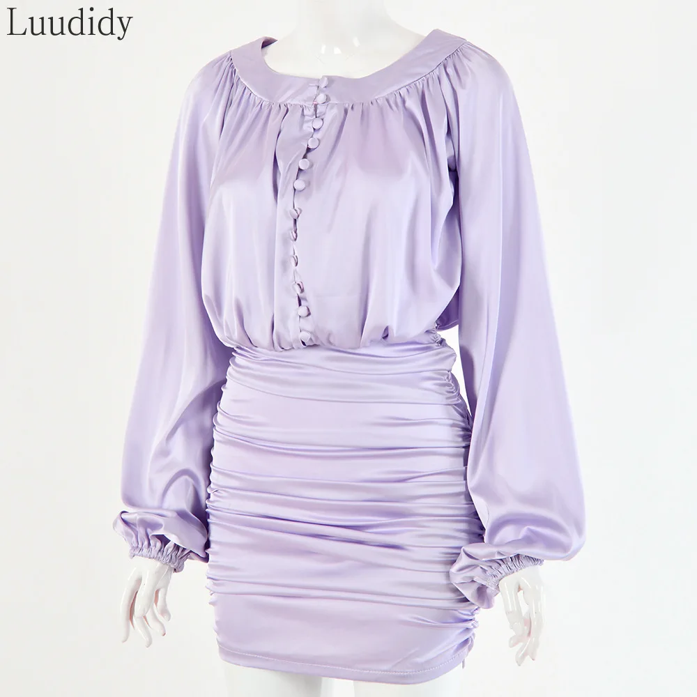 

Women Sexy Button Design Lantern Sleeve Ruched Bodycon Dress