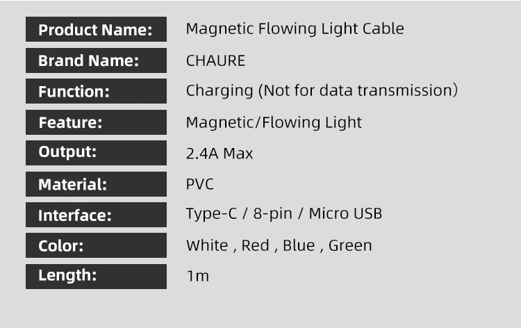 Магнитный светодиодный кабель CHAURE для зарядки mi cro, зарядный usb-кабель для Xiao mi huawei, зарядный кабель для быстрой зарядки T-C, usb-кабель