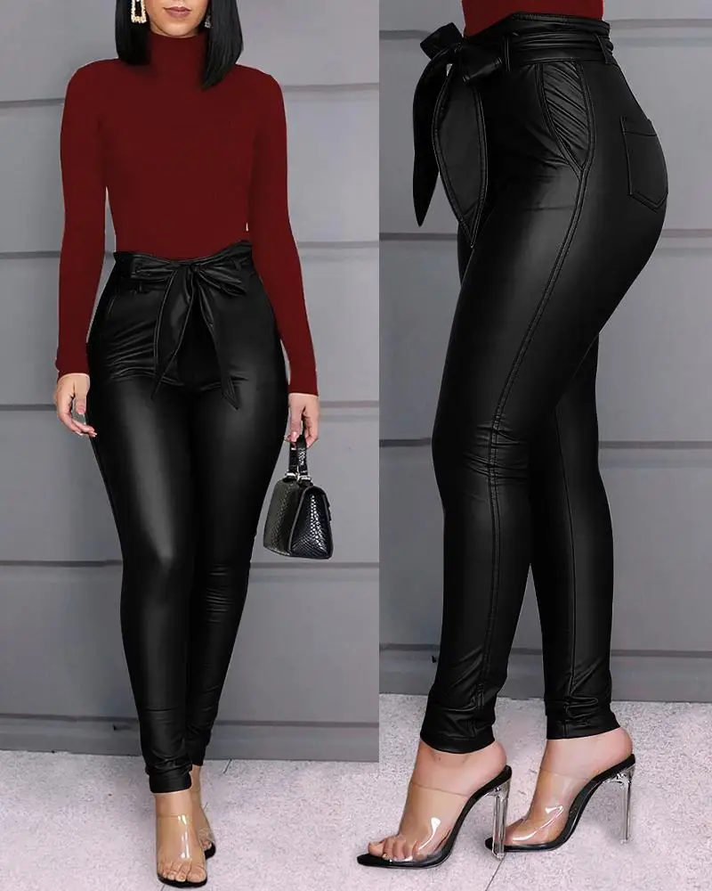 

pantalones de mujer 2021 korean fashion High Waist Skinny belt Female trousers black blue red Oversized pu leather women pants