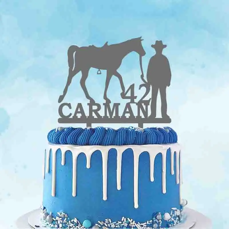 

Personalized Horse Cake Topper Custom Name Age Man and Horse Silhouette For Man Birthday Party Cake Decoration Topper