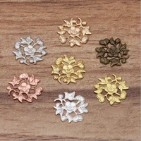 50pcslot 15mm vintage sheet filigree flower pendant charms round copper retro flowers motif pendant for diy jewelry making