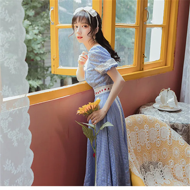 

High-end fashion elegant ladies short sleeve embroidered lace dress 2020 summer retro blue plaid square collar dress