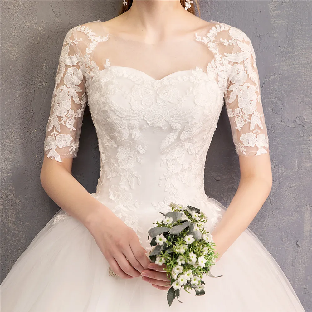 

Women's wedding dress luxury O neck half sleeve bridal gown lace up wedding dresses plus size ball gown wedding dress