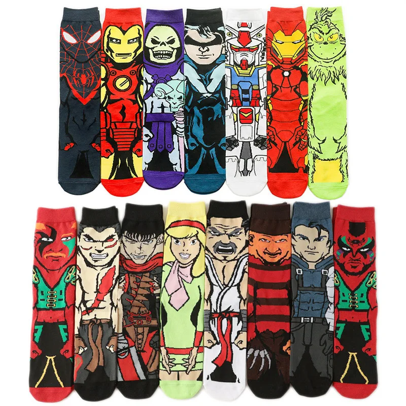 52 Style Cartoon Anime Men Socks Funny Socks Personality Sewing Pattern Fuzzy Cool Happy Crew Socks Street Fashion Skarpety
