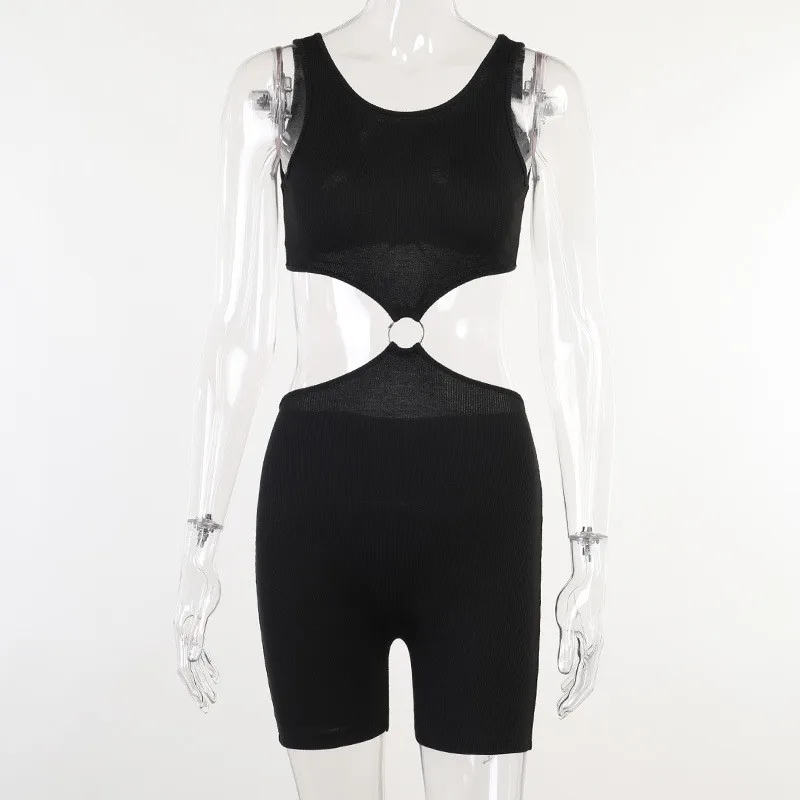 

CHRONSTYLE Summer Streetwear Bodycon Romper Women Hollow Out Solid Biker Shorts Female O Neck Short Jumpsuit Sleeveless Playsuit