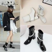 Xiuningyan 2020 Women Boots Bead Chain All Genuine Leather Shoes Woman Ankle Boots Fashion Zipper Short Boots Plus Size 34-40