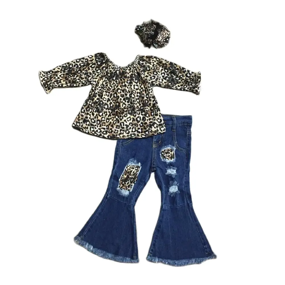 Осенне-зимние джинсы для маленьких девочек с леопардовым принтом и оборками |