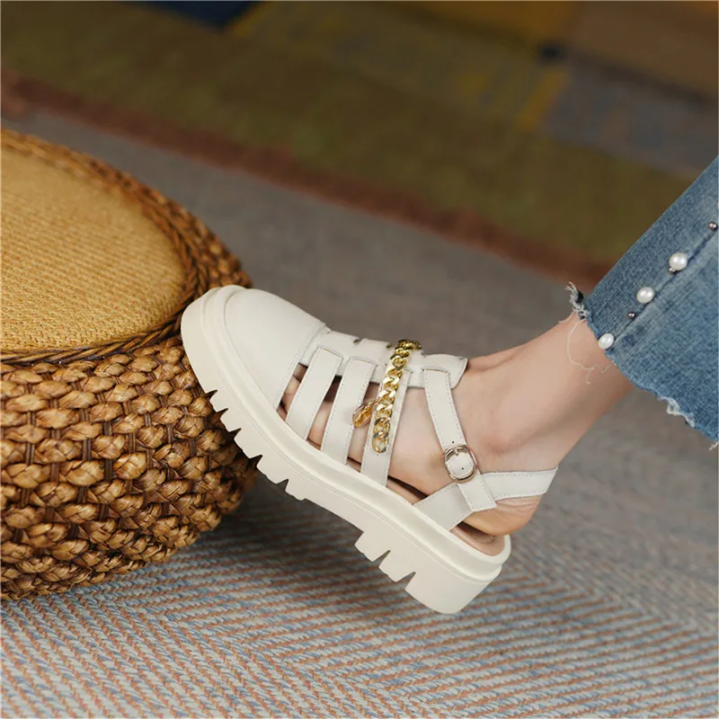 

FEDONAS Metal Decoration Sandals For Women Genuine Leather Thick Heels Pumps Summer Newest Working Basic Round Toe Shoes Woman