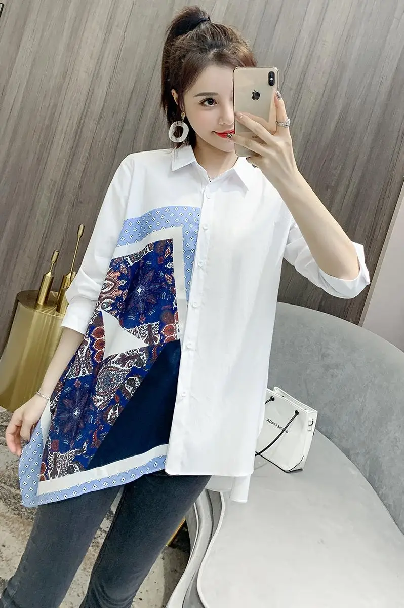 

COIGARSAM 3XL Plus Size Print Shirt Womens tops New Spring Patchwork Loose Women shirts White 5889