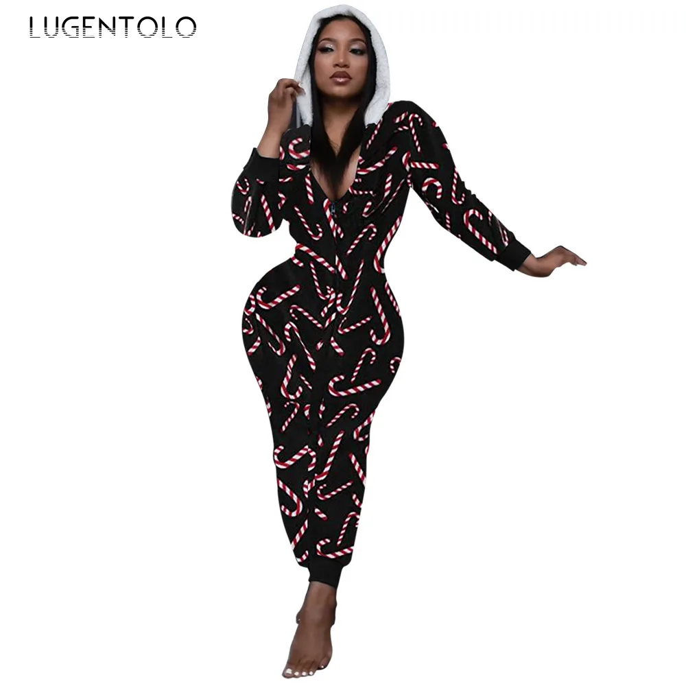 

Lugentolo Women Casual Jumpsuit Christmas Hooded Autumn Winter Slim-fit V-neck Print Long Sleeve Female Straight Jumpsuits
