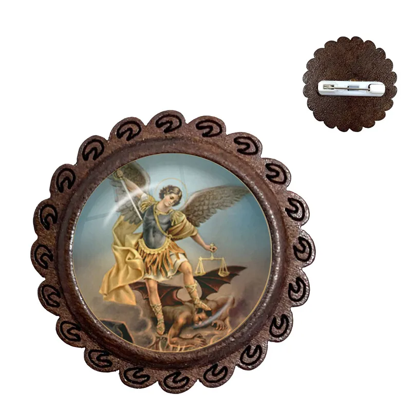 Стеклянный купол деревянная брошь Archangel St.Michael Protect Me Saint Shield защита