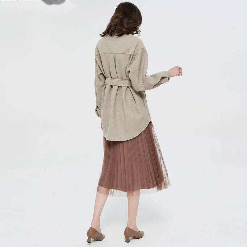 

SONDR Za Women 2021 Fashion With Belt Loose Woolen Jacket Coat Vintage Long Sleeve Side Pockets Female Outerwear Chic Overcoat
