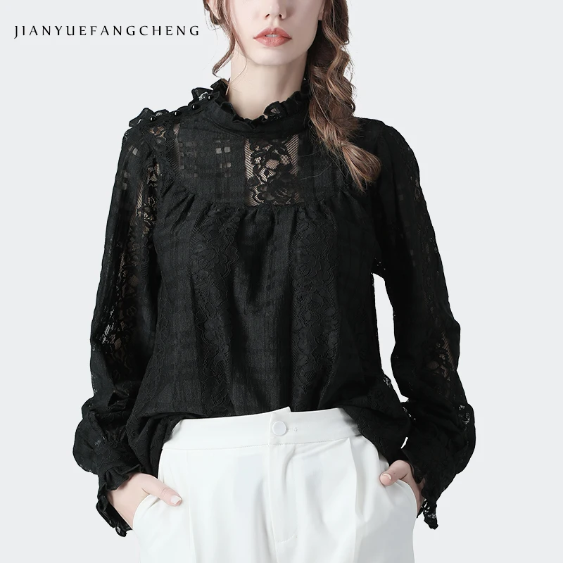 Элегантные женские черные Кружевной Топ с длинным рукавом Блузка для женщин