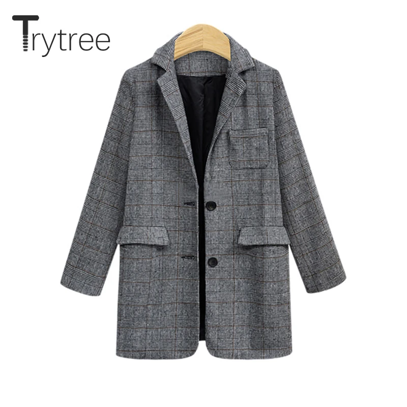 

Осень-зима 2020, повседневное женское пальто Trytree с отложным воротником, однобортное модное свободное офисное пальто в клетку с карманами