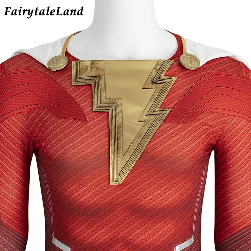 

Captain Shazam Costume Halloween Cosplay Superhero Fury of the Gods William Jumpsuit Adult Men Red Bodysuit White Cape