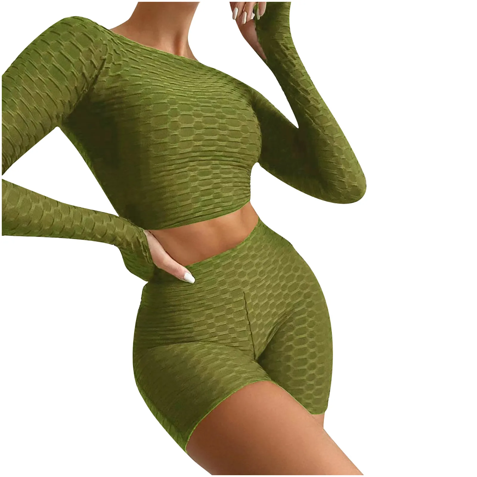 

Women's solid color sports high waist long sleeve round neck slim shorts two-piece suit solid casual tie-dye sports two-piece 02