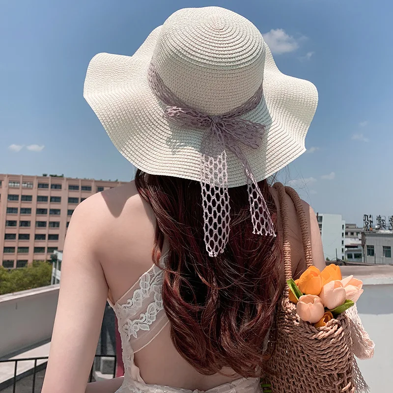 

2022 New Summer Straw Hat Lace Bow Beach Hat Women's Anti-ultraviolet Travel Holiday Wide Brim Sun Hat Big Brim Hat